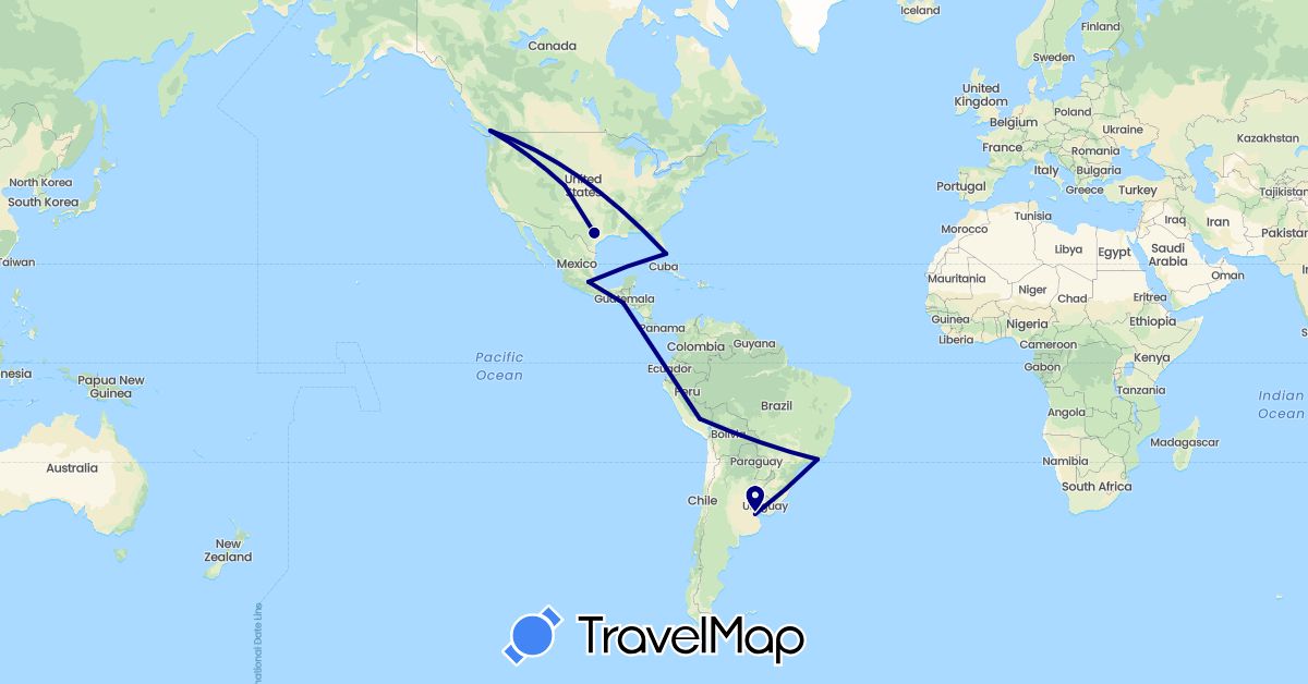 TravelMap itinerary: driving in Argentina, Brazil, Canada, Guatemala, Mexico, Peru, United States (North America, South America)